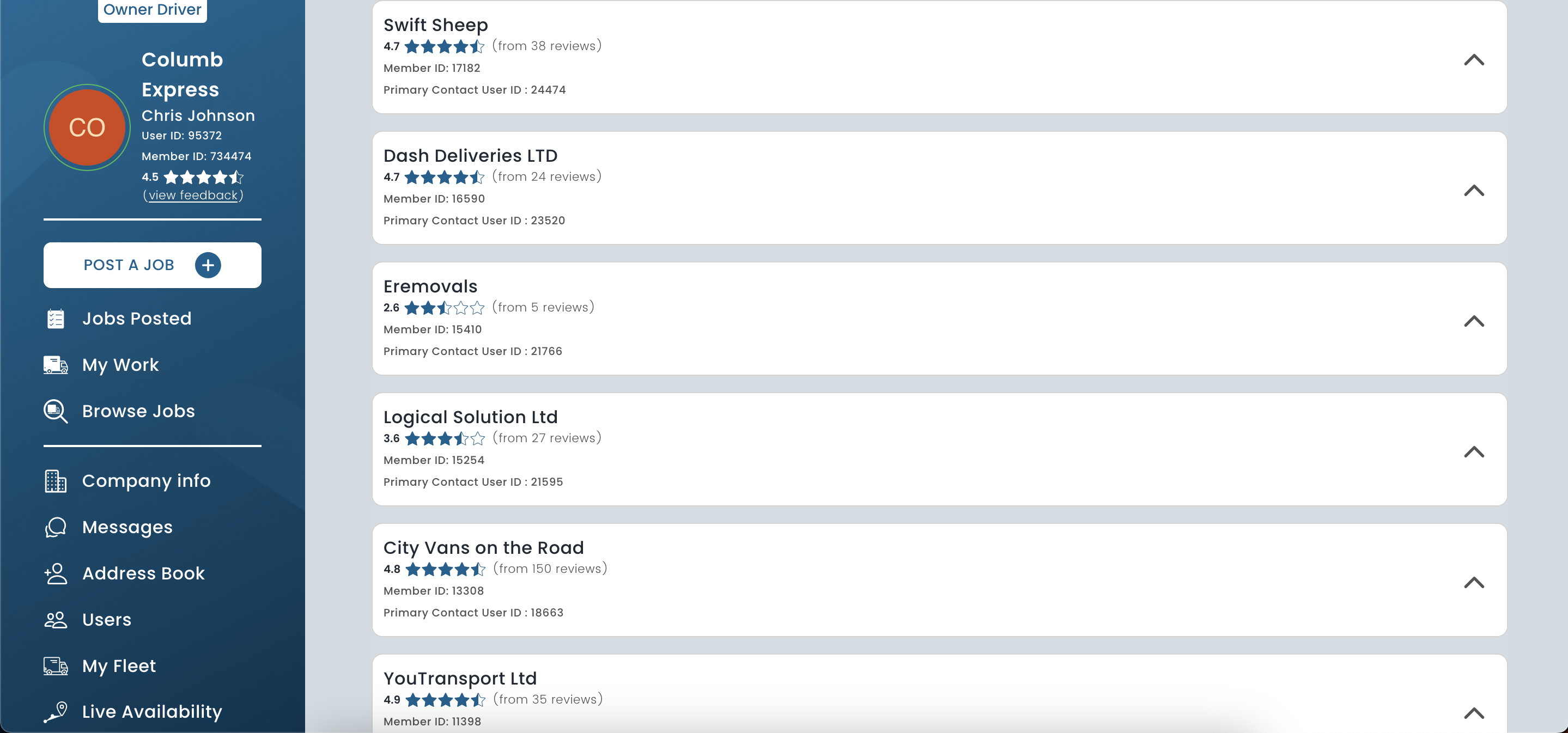 SDCN Courier Ratings Screenshot